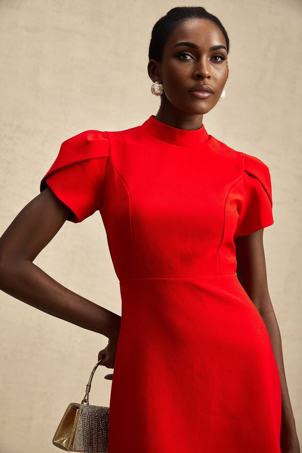 Gaia Mini Dress - Crew Neck - Short Petal Sleeves - Bow Detailing - Cut - Out Back