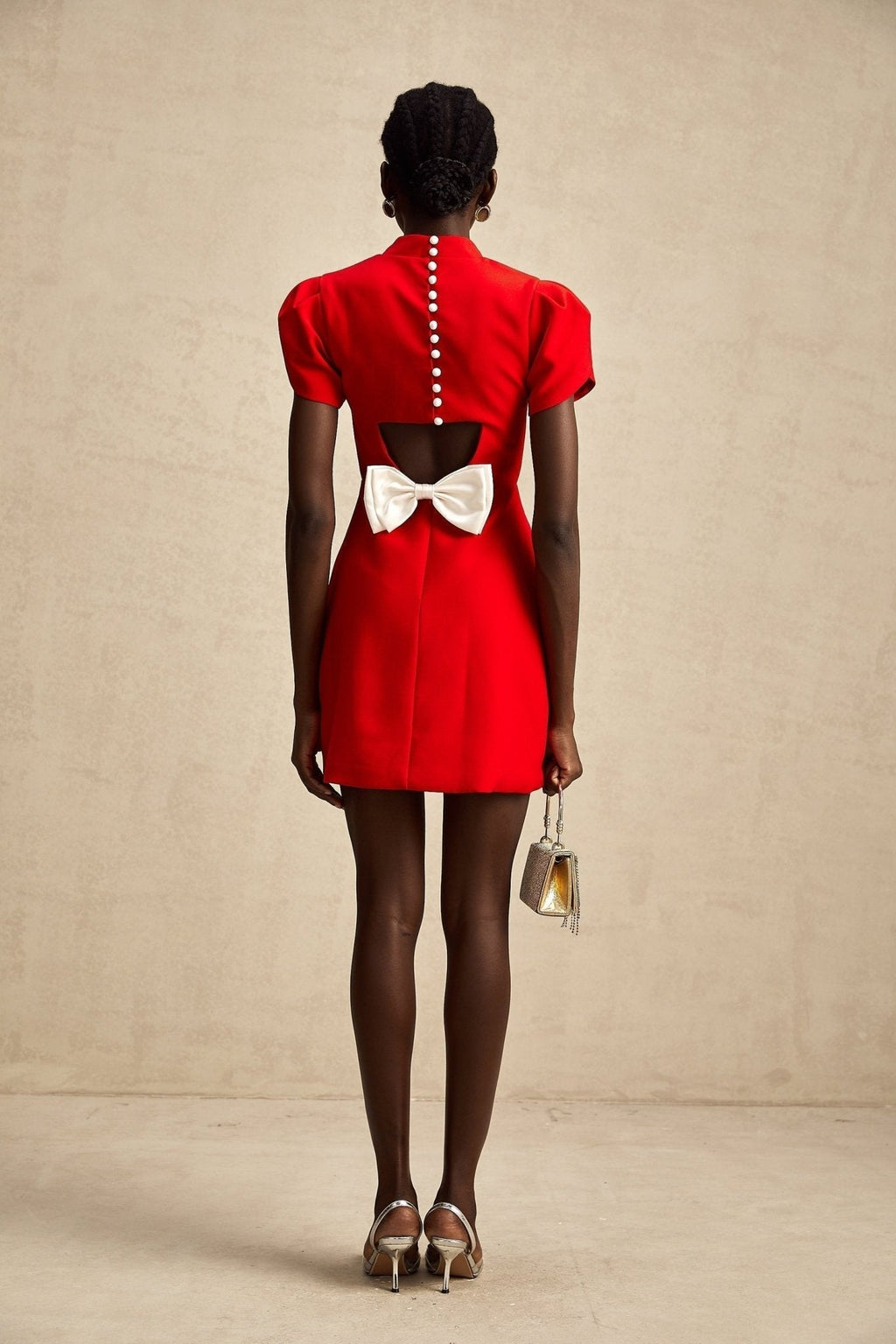 Gaia Mini Dress - Crew Neck - Short Petal Sleeves - Bow Detailing - Cut - Out Back