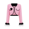 Gelsomina Jacket & Trousers - Round Neck - Faux - Flower Detailing - Feather - Trimmed Cuffs - Crystal Embellished