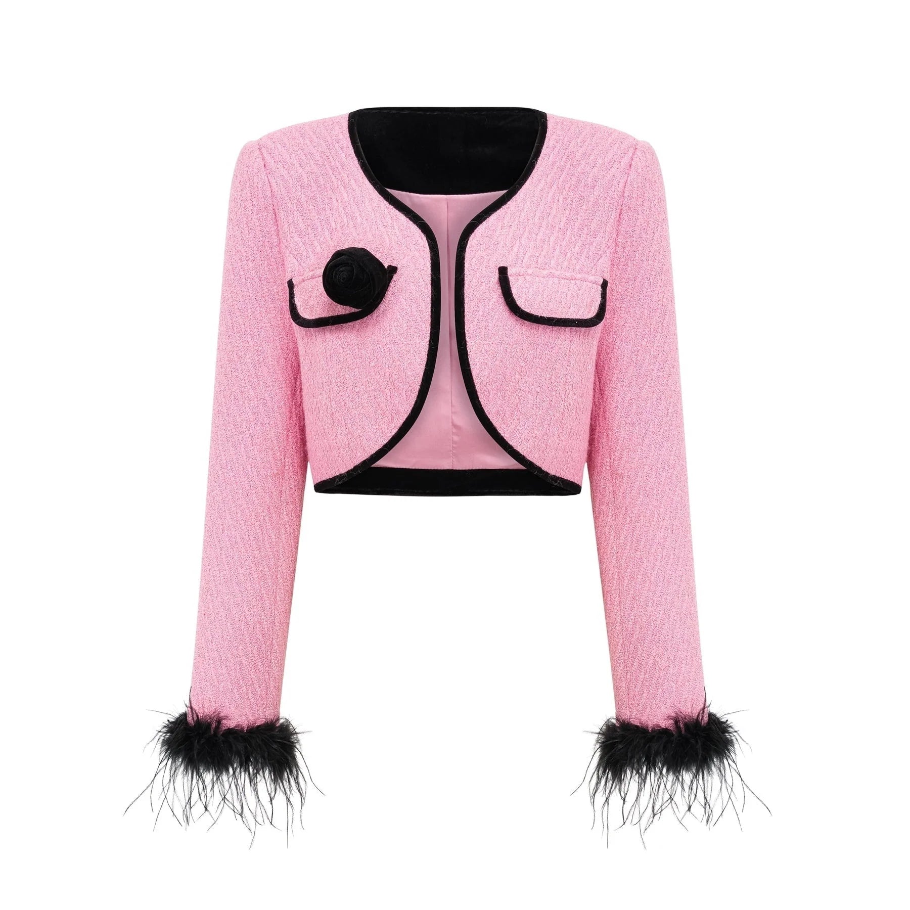 Gelsomina Jacket & Trousers - Round Neck - Faux - Flower Detailing - Feather - Trimmed Cuffs - Crystal Embellished