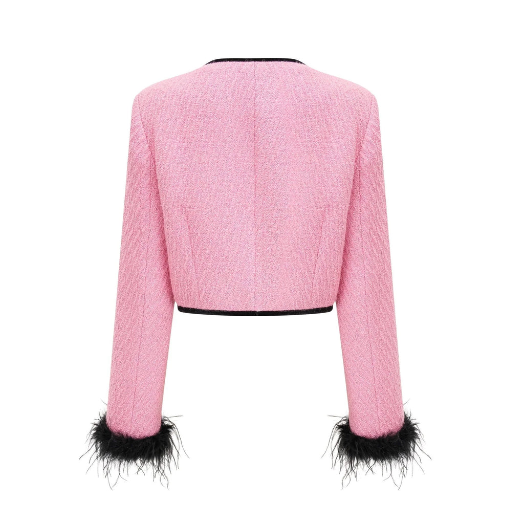 Gelsomina Jacket & Trousers - Round Neck - Faux - Flower Detailing - Feather - Trimmed Cuffs - Crystal Embellished