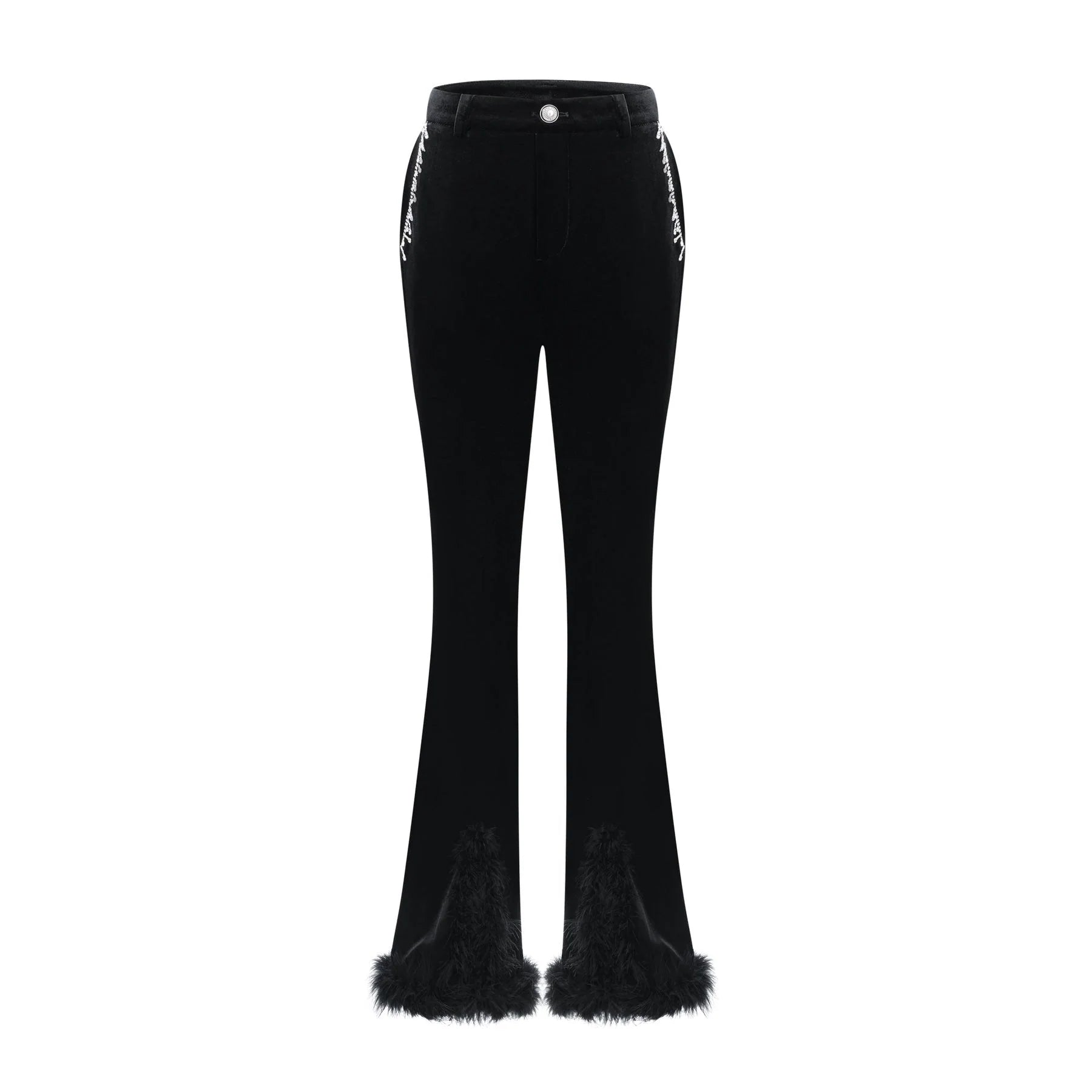 Gelsomina Jacket & Trousers - Round Neck - Faux - Flower Detailing - Feather - Trimmed Cuffs - Crystal Embellished