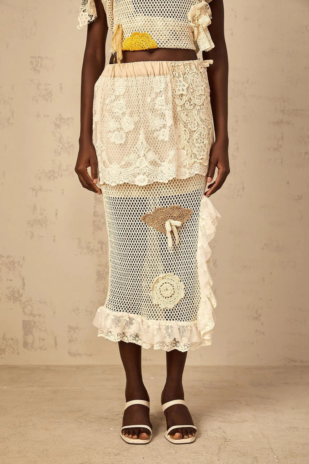 Gelsomina Lace Crochet Skirt with Floral Detail in Neutrals