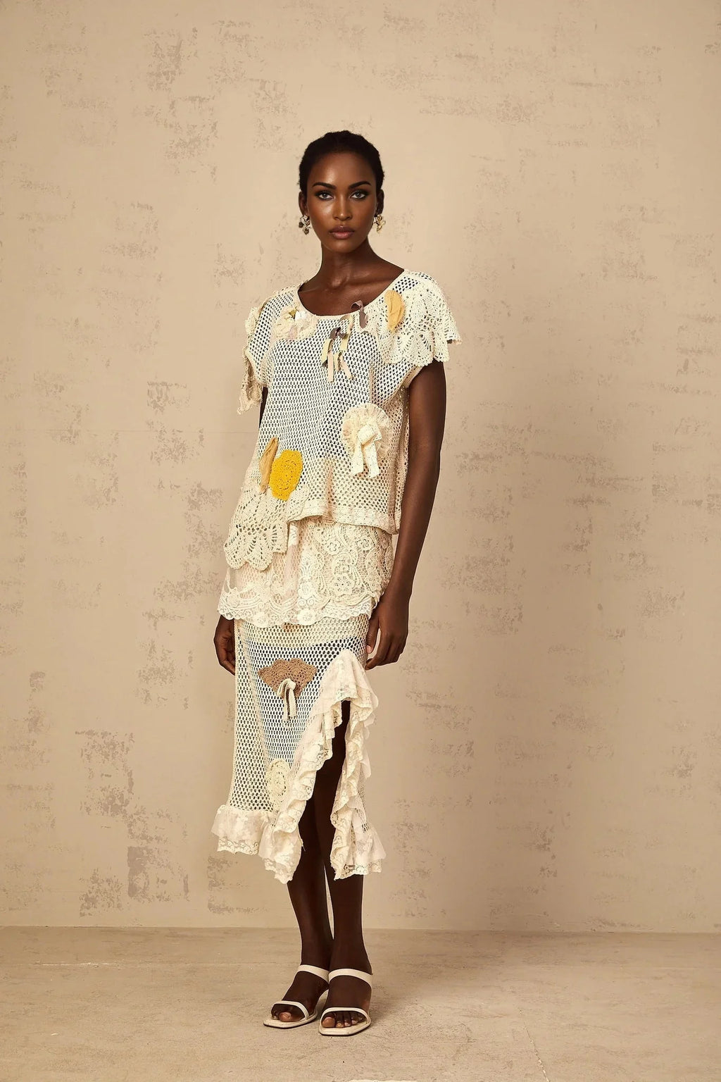 Gelsomina Lace Crochet Skirt with Floral Detail in Neutrals