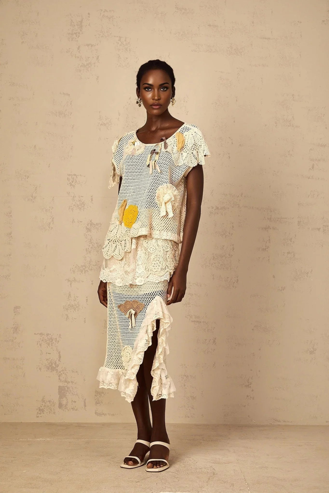 Gelsomina Lace Crochet Skirt with Floral Detail in Neutrals