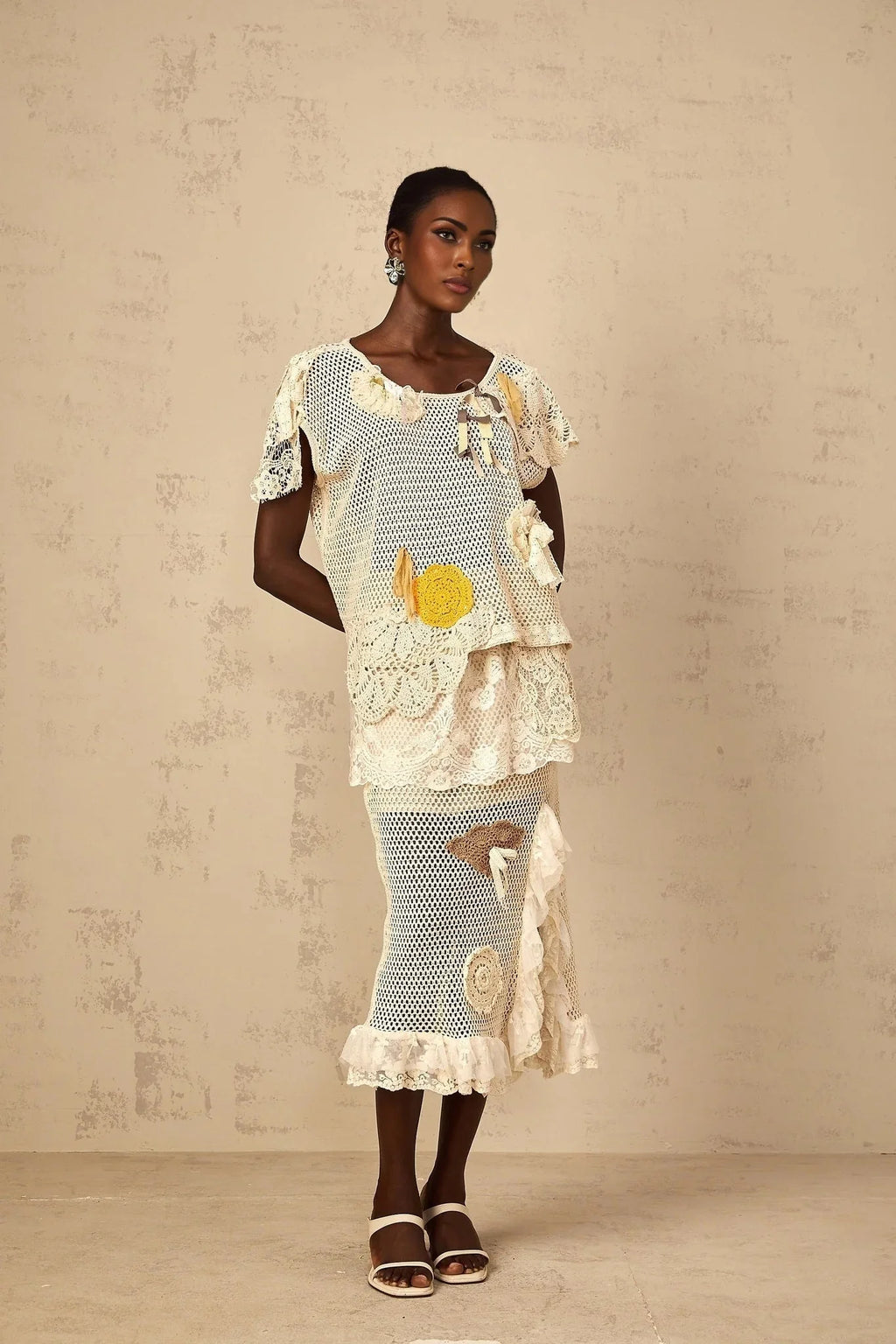 Gelsomina Lace Crochet Skirt with Floral Detail in Neutrals