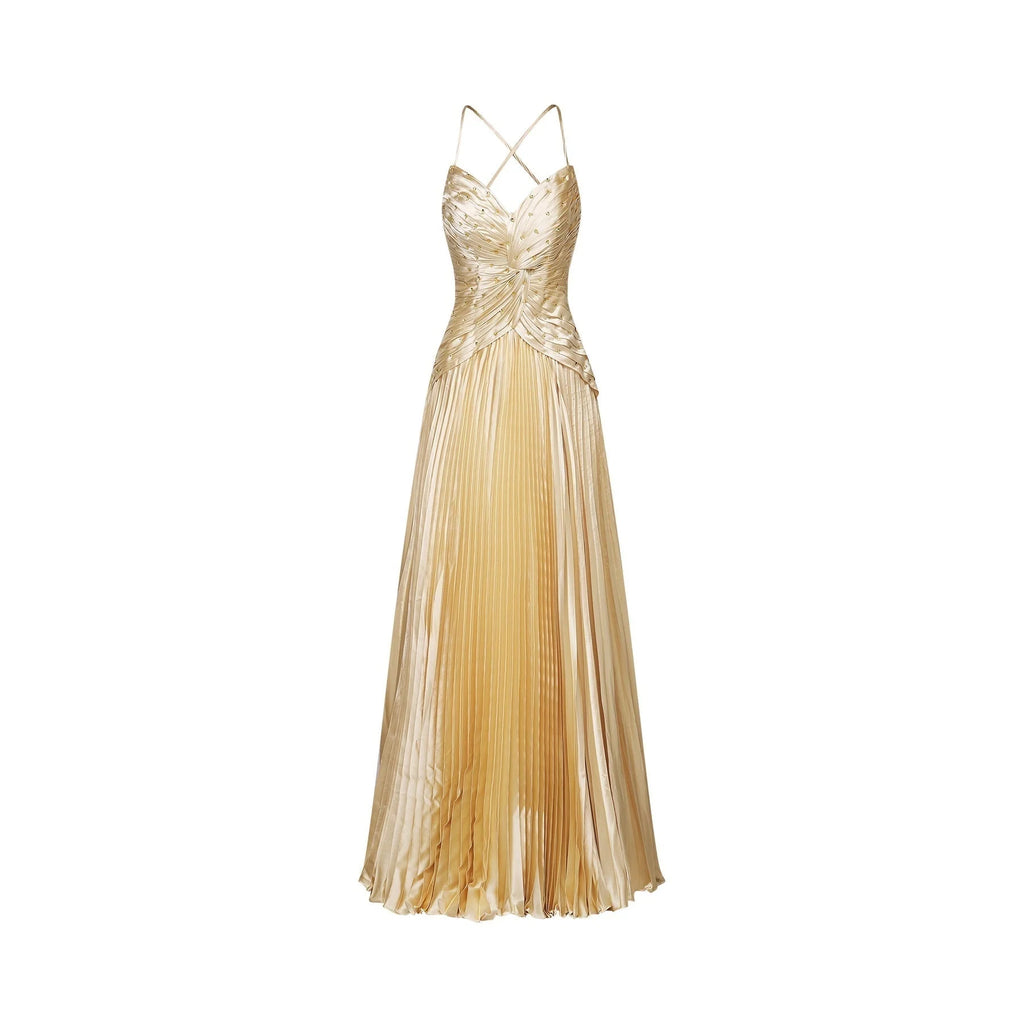 Gelsomina Maxi Dress - V Neck - Bustier Style - Sequin Embellished - Sleeveless - Pleated
