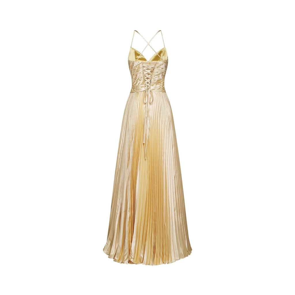 Gelsomina Maxi Dress - V Neck - Bustier Style - Sequin Embellished - Sleeveless - Pleated