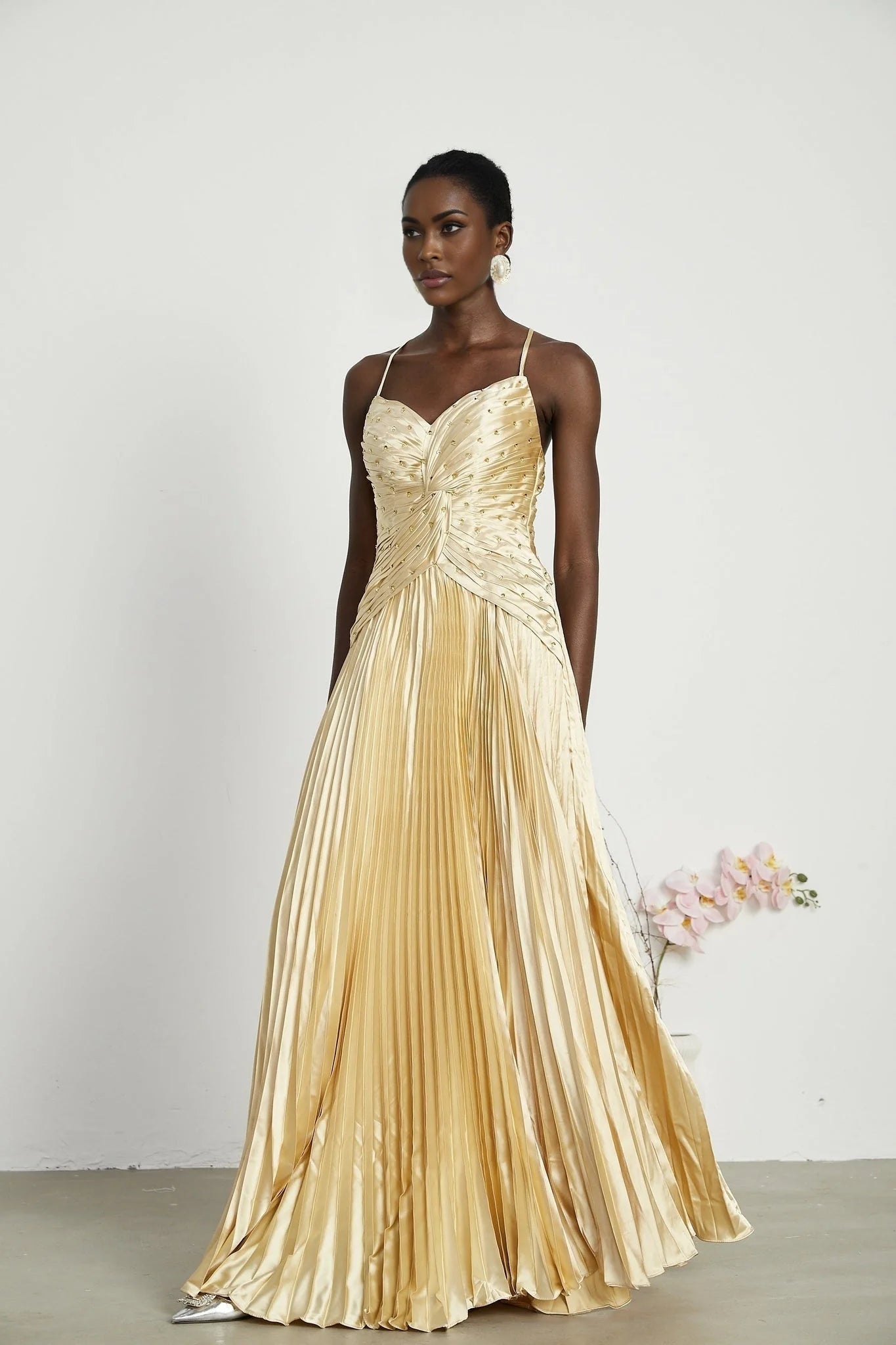 Gelsomina Maxi Dress - V Neck - Bustier Style - Sequin Embellished - Sleeveless - Pleated
