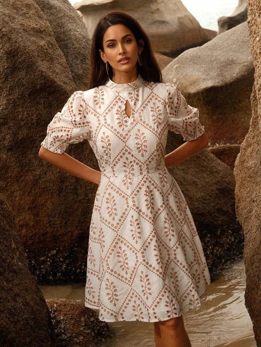 Gelsomina Midi Dress - Keyhole Neckline - Puff Sleeve - High Waist - A Line - Elegant