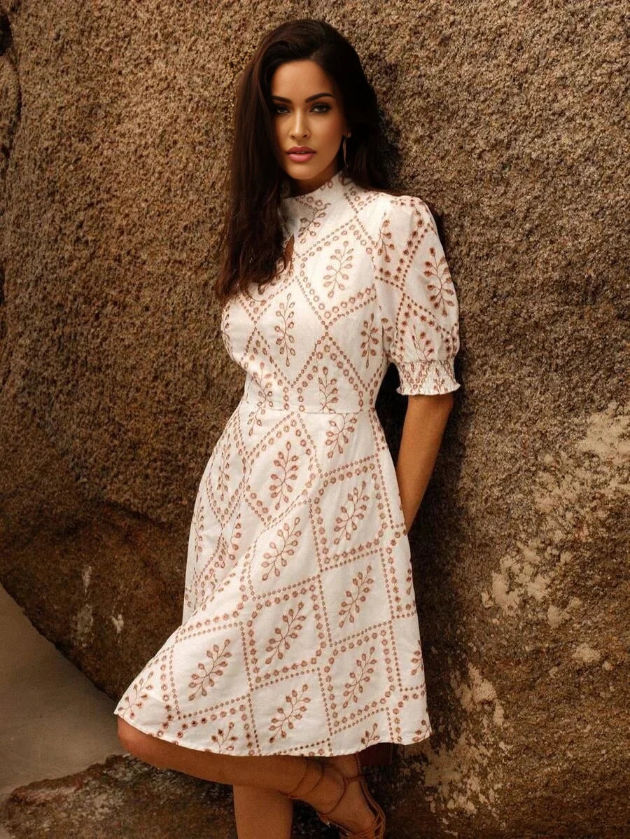 Gelsomina Midi Dress - Keyhole Neckline - Puff Sleeve - High Waist - A Line - Elegant
