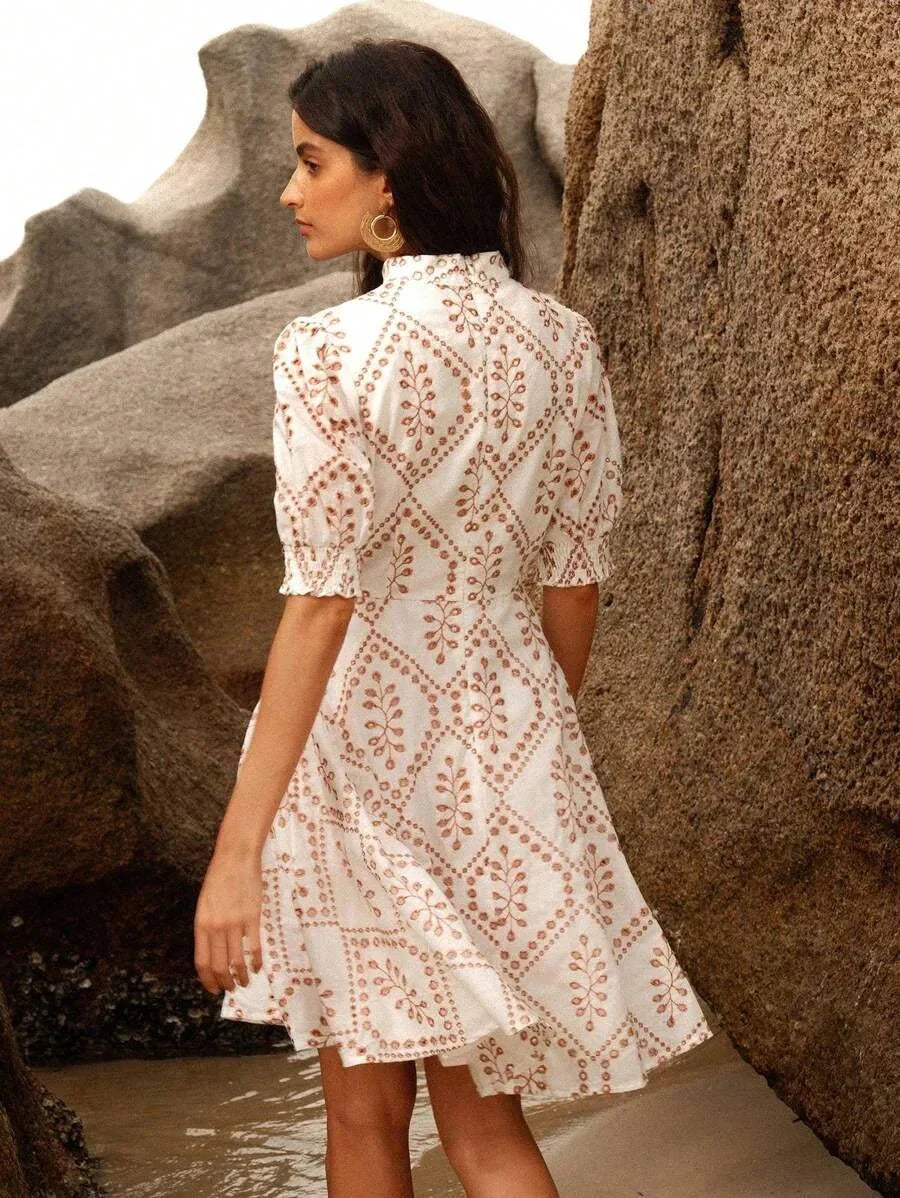 Gelsomina Midi Dress - Keyhole Neckline - Puff Sleeve - High Waist - A Line - Elegant