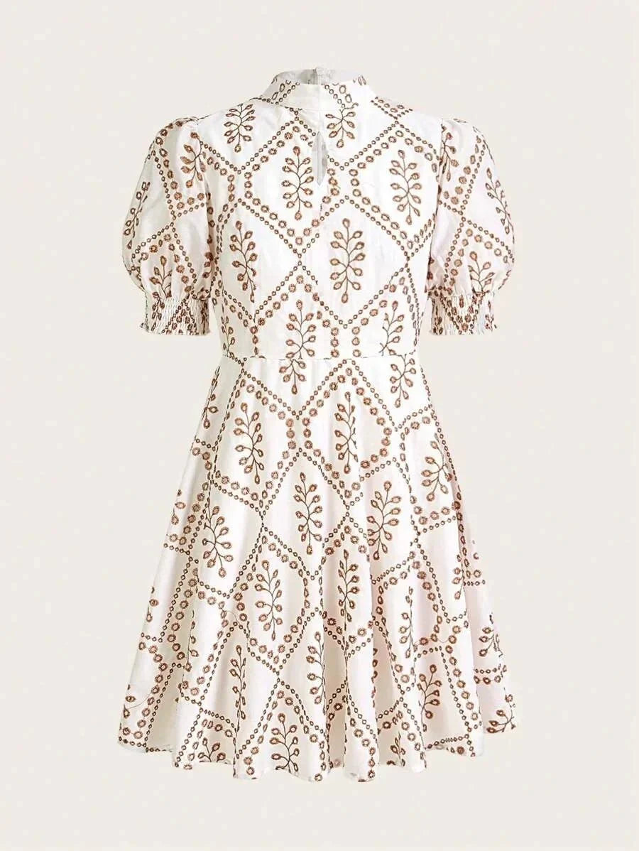 Gelsomina Midi Dress - Keyhole Neckline - Puff Sleeve - High Waist - A Line - Elegant