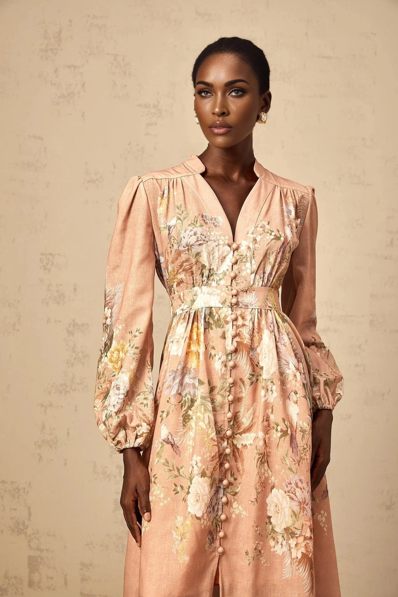 Gelsomina Midi Dress Pink Floral Print Puff Sleeve V - Neck Flared Calf Length