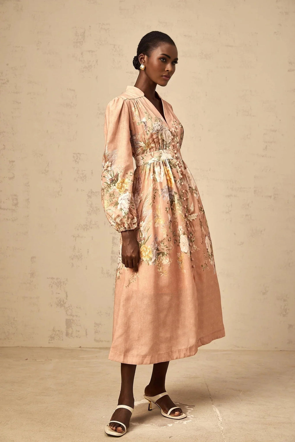 Gelsomina Midi Dress Pink Floral Print Puff Sleeve V - Neck Flared Calf Length