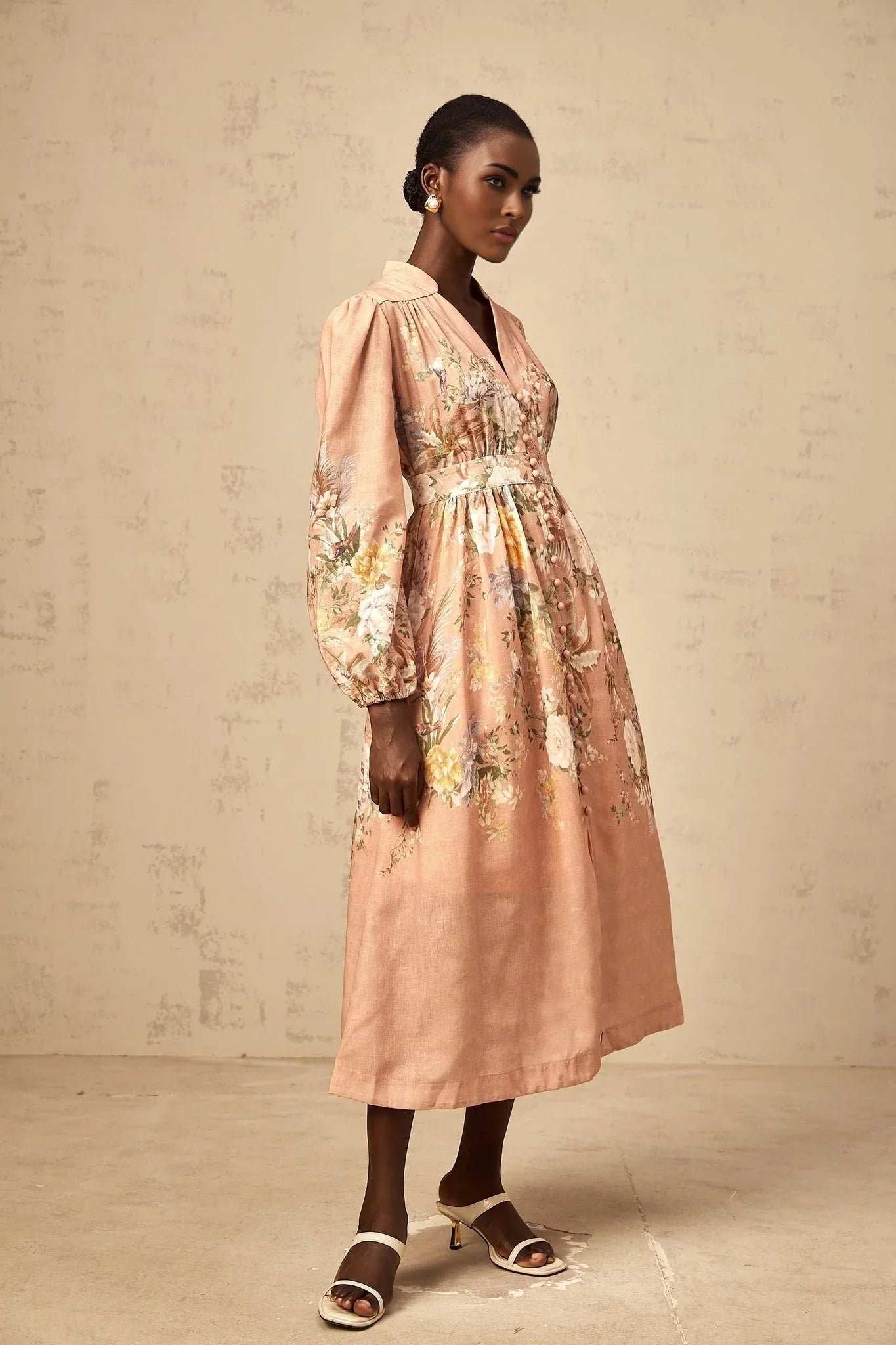 Gelsomina Midi Dress Pink Floral Print Puff Sleeve V - Neck Flared Calf Length