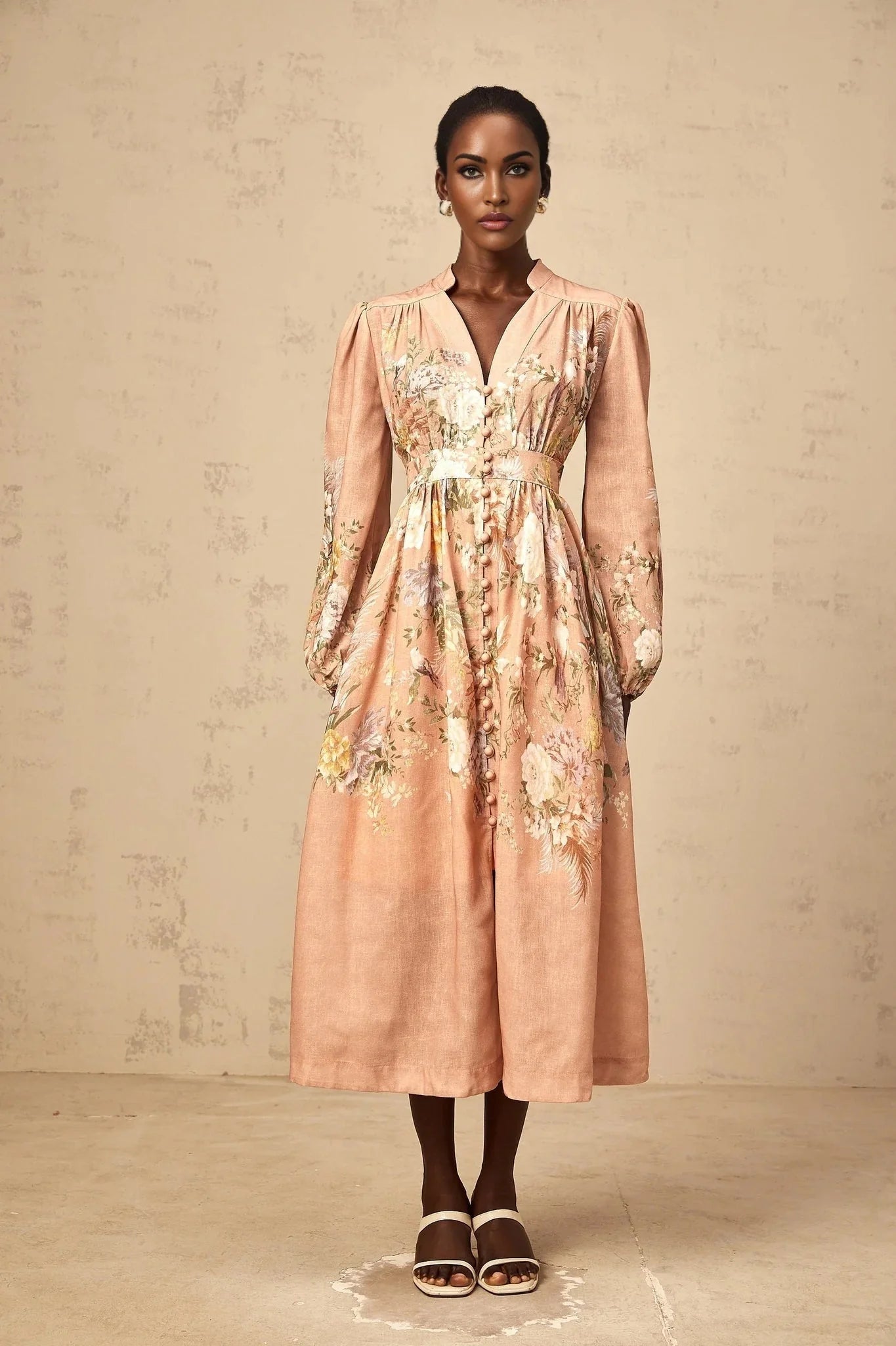 Gelsomina Midi Dress Pink Floral Print Puff Sleeve V - Neck Flared Calf Length
