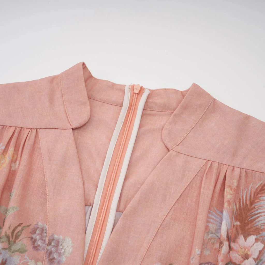 Gelsomina Midi Dress Pink Floral Print Puff Sleeve V - Neck Flared Calf Length