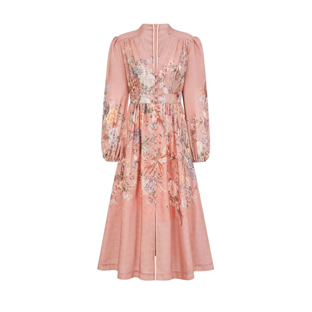 Gelsomina Midi Dress Pink Floral Print Puff Sleeve V - Neck Flared Calf Length