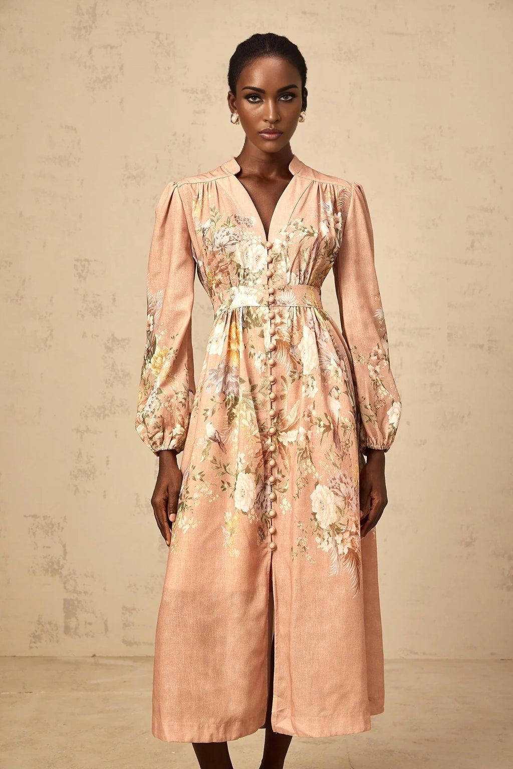 Gelsomina Midi Dress Pink Floral Print Puff Sleeve V - Neck Flared Calf Length