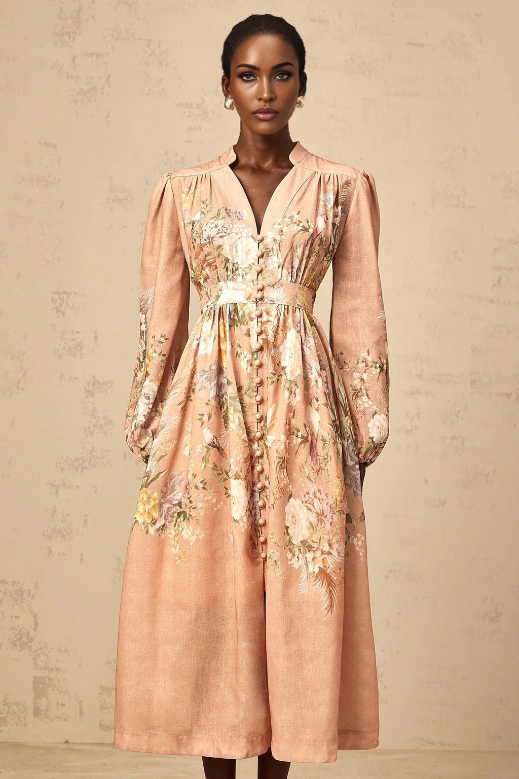 Gelsomina Midi Dress Pink Floral Print Puff Sleeve V - Neck Flared Calf Length