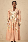 Gelsomina Midi Dress Pink Floral Print Puff Sleeve V - Neck Flared Calf Length