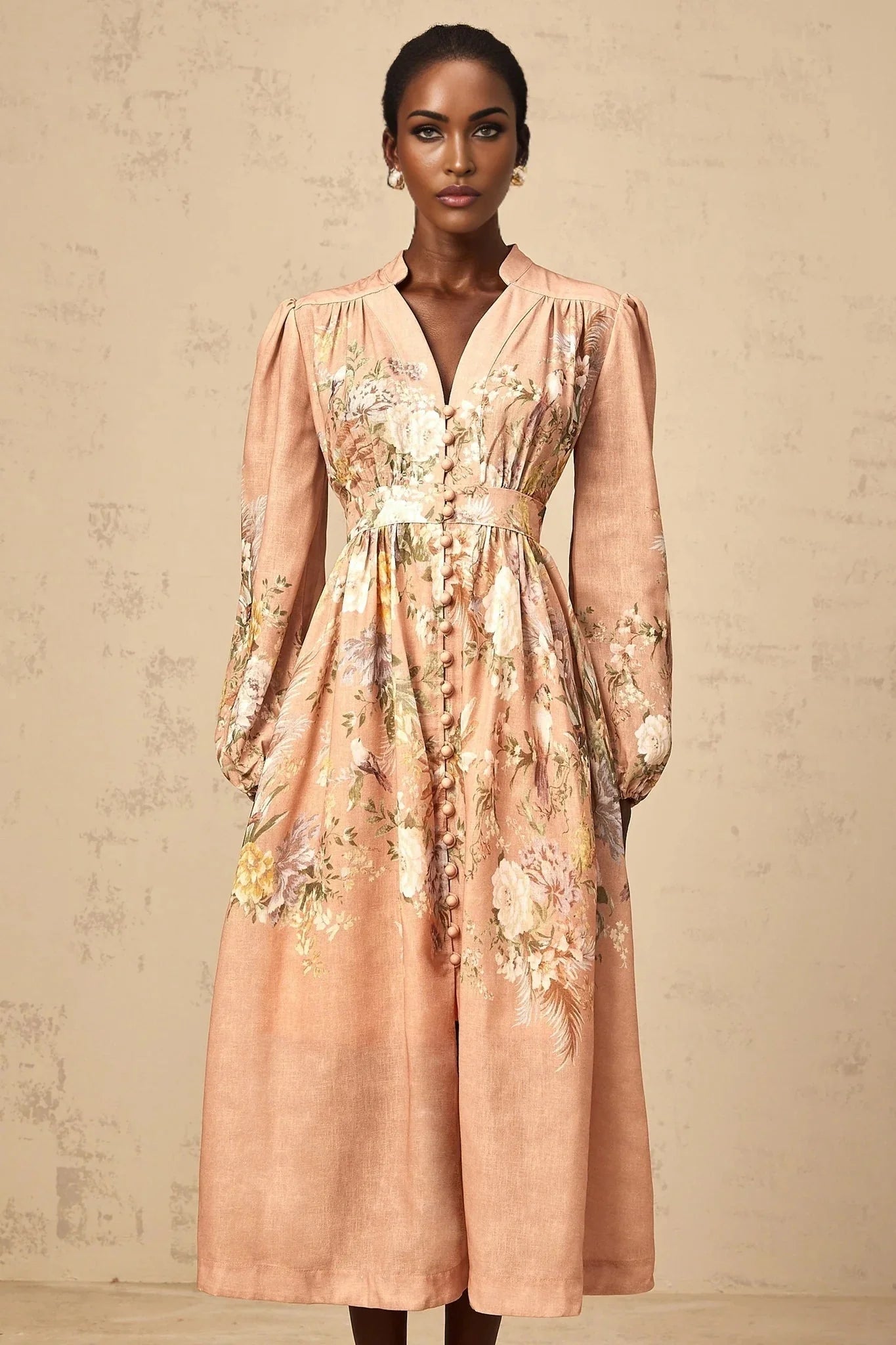 Gelsomina Midi Dress Pink Floral Print Puff Sleeve V - Neck Flared Calf Length