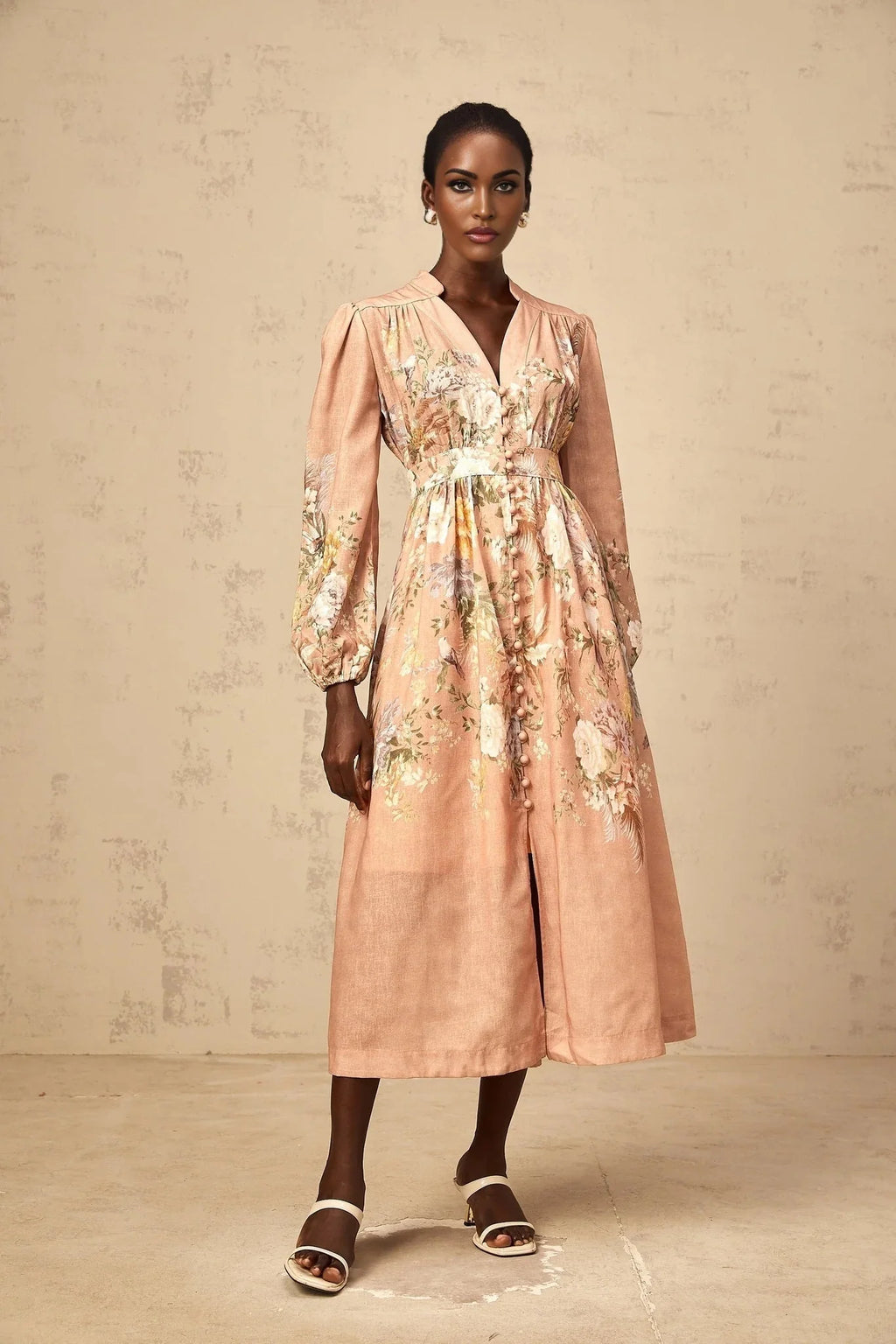 Gelsomina Midi Dress Pink Floral Print Puff Sleeve V - Neck Flared Calf Length