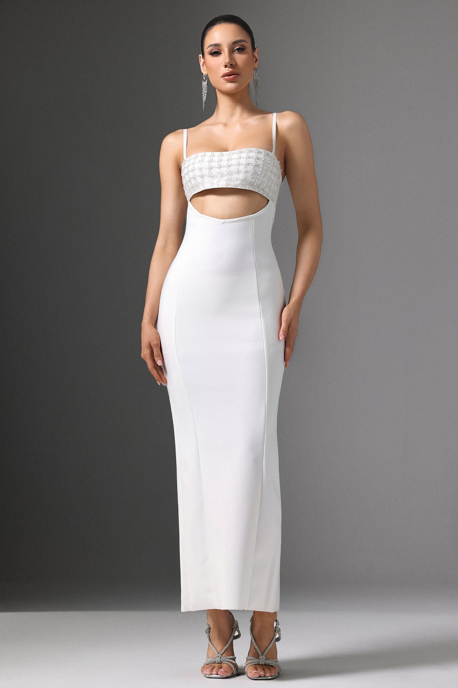 Gelsomina White Maxi Dress with Cutout Design and Beaded Detailing
