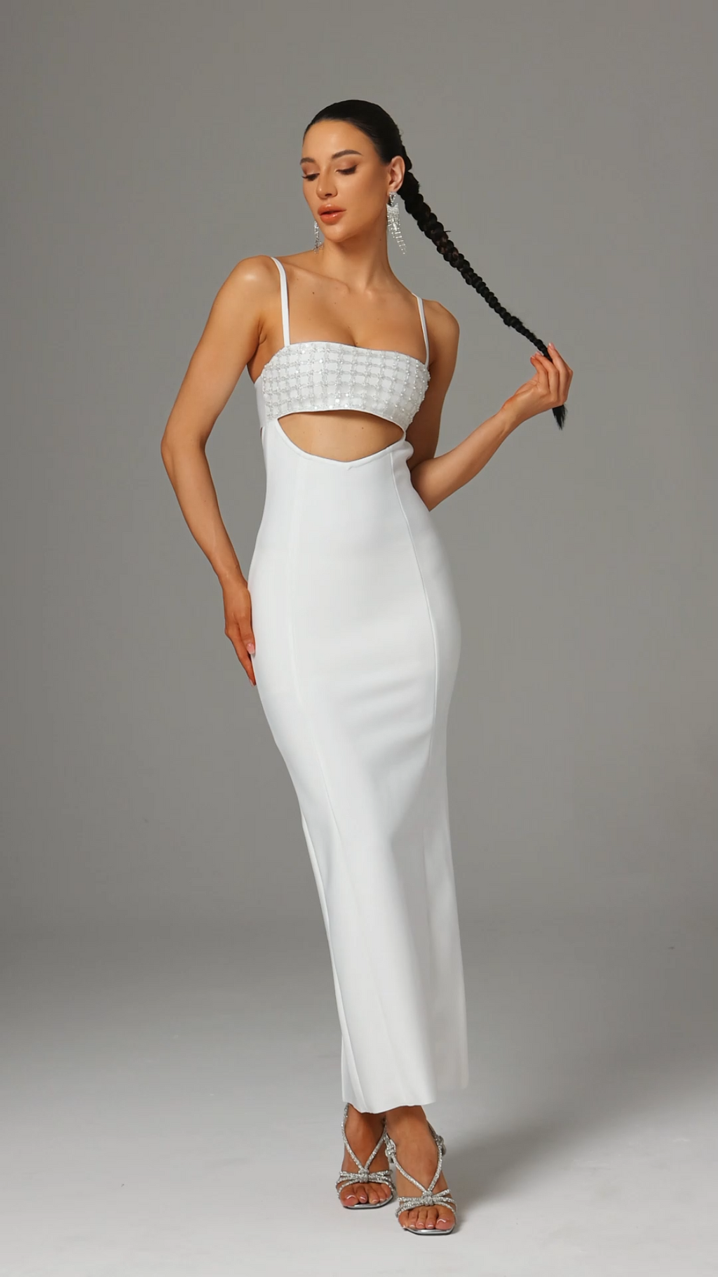Gelsomina White Maxi Dress Cutout Beaded Detailing Spaghetti Straps