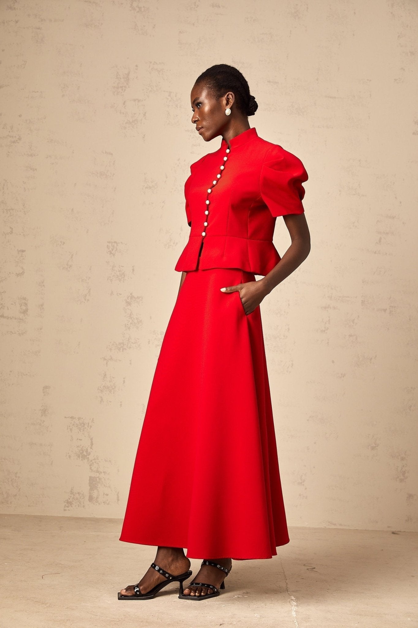 Gemma Blouse & Skirt - Crew Neck - Short Petal Sleeves - Pleated Detailing - Ruffled Trim