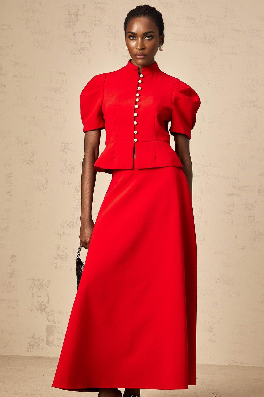 Gemma Blouse & Skirt - Crew Neck - Short Petal Sleeves - Pleated Detailing - Ruffled Trim