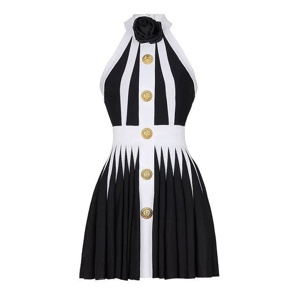 Gemma Dress - Halter Neck a - Line Silhouette - Pleated Skirt - Rose Embellishment - Chic Modern Design