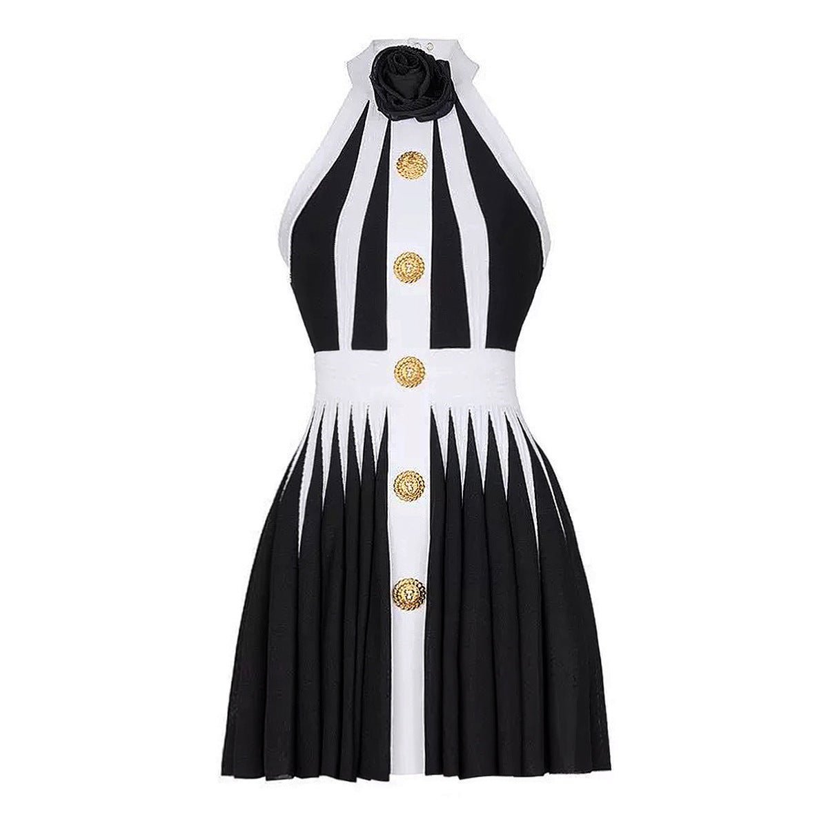 Gemma Dress - Halter Neck a - Line Silhouette - Pleated Skirt - Rose Embellishment - Chic Modern Design