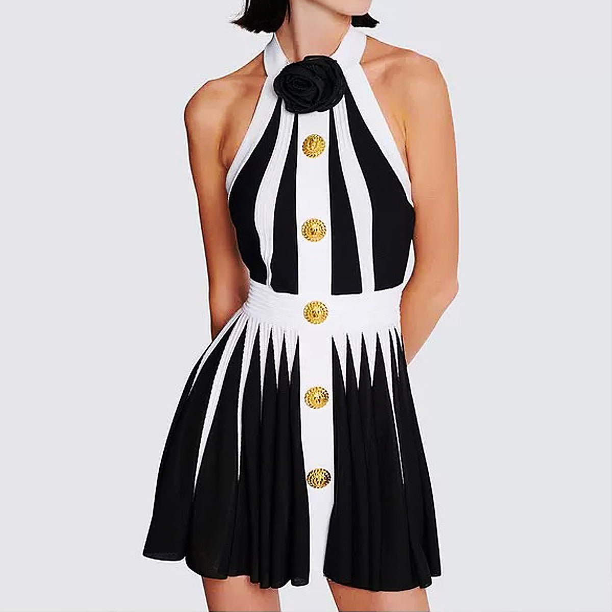 Gemma Dress - Halter Neck a - Line Silhouette - Pleated Skirt - Rose Embellishment - Chic Modern Design