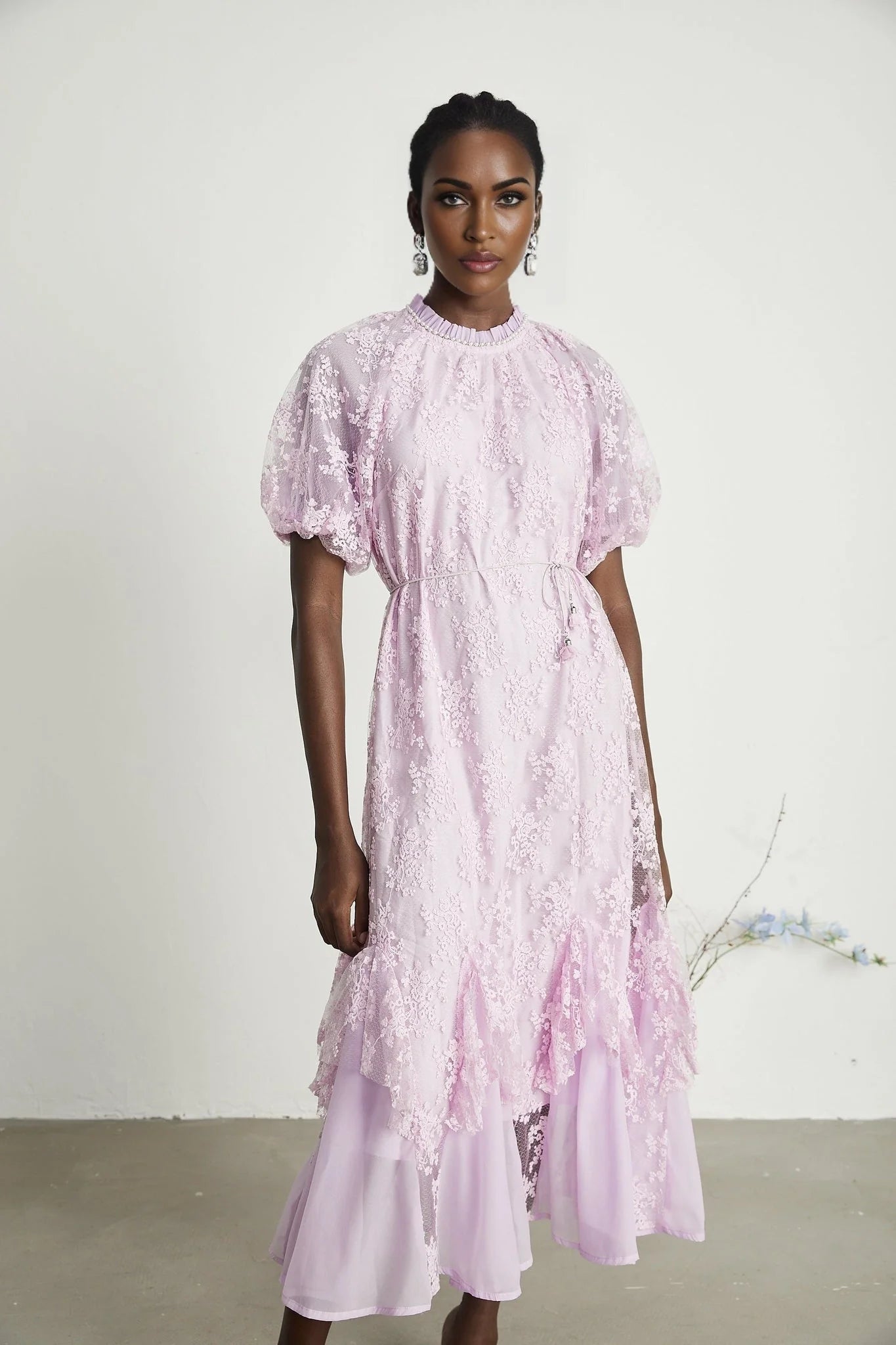 Gemma Floral Midi Dress - With Classic Round Neck - Detailed Floral Embroidery - Removable Waist Belt - Rear Button Fastening