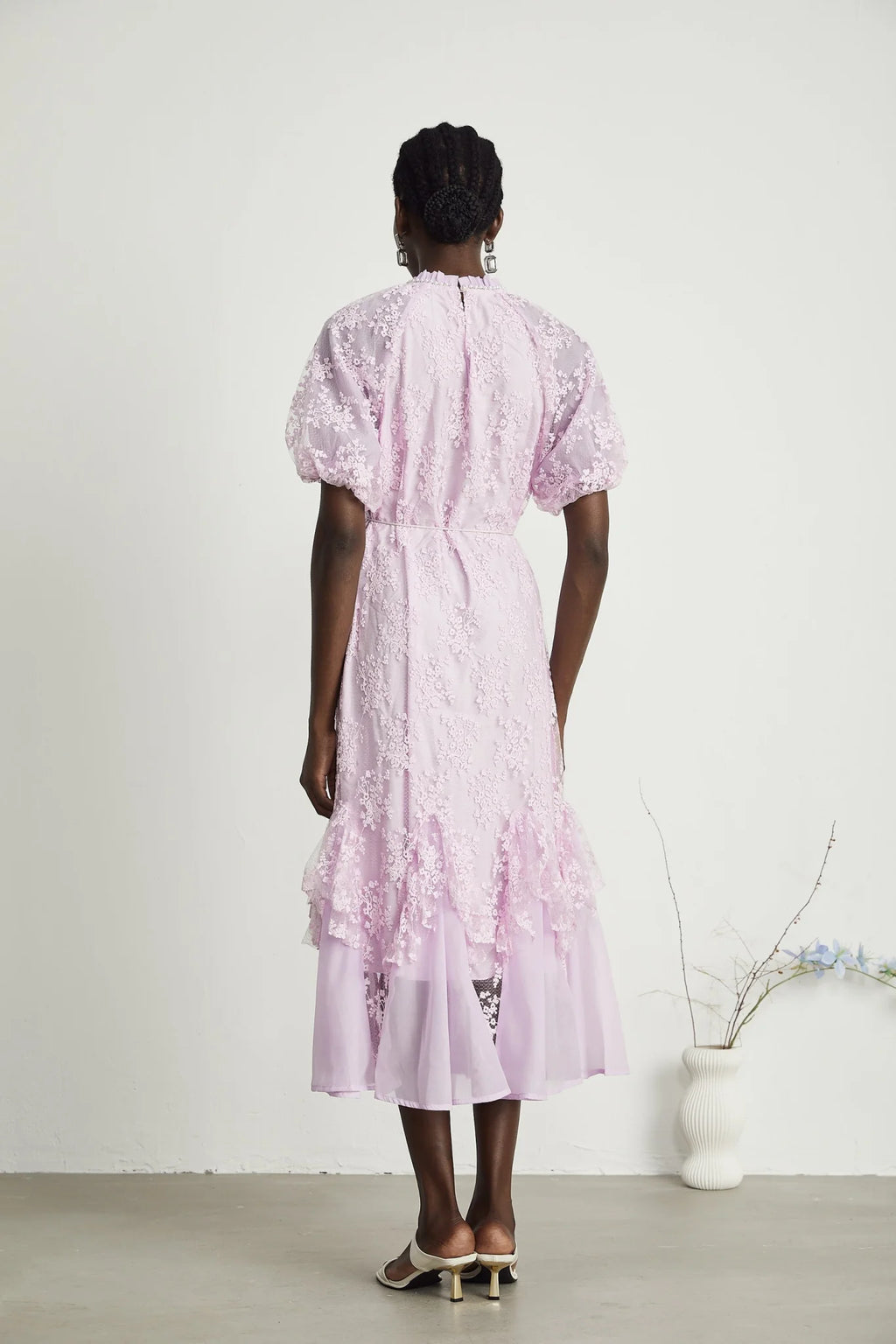 Gemma Floral Midi Dress - With Classic Round Neck - Detailed Floral Embroidery - Removable Waist Belt - Rear Button Fastening