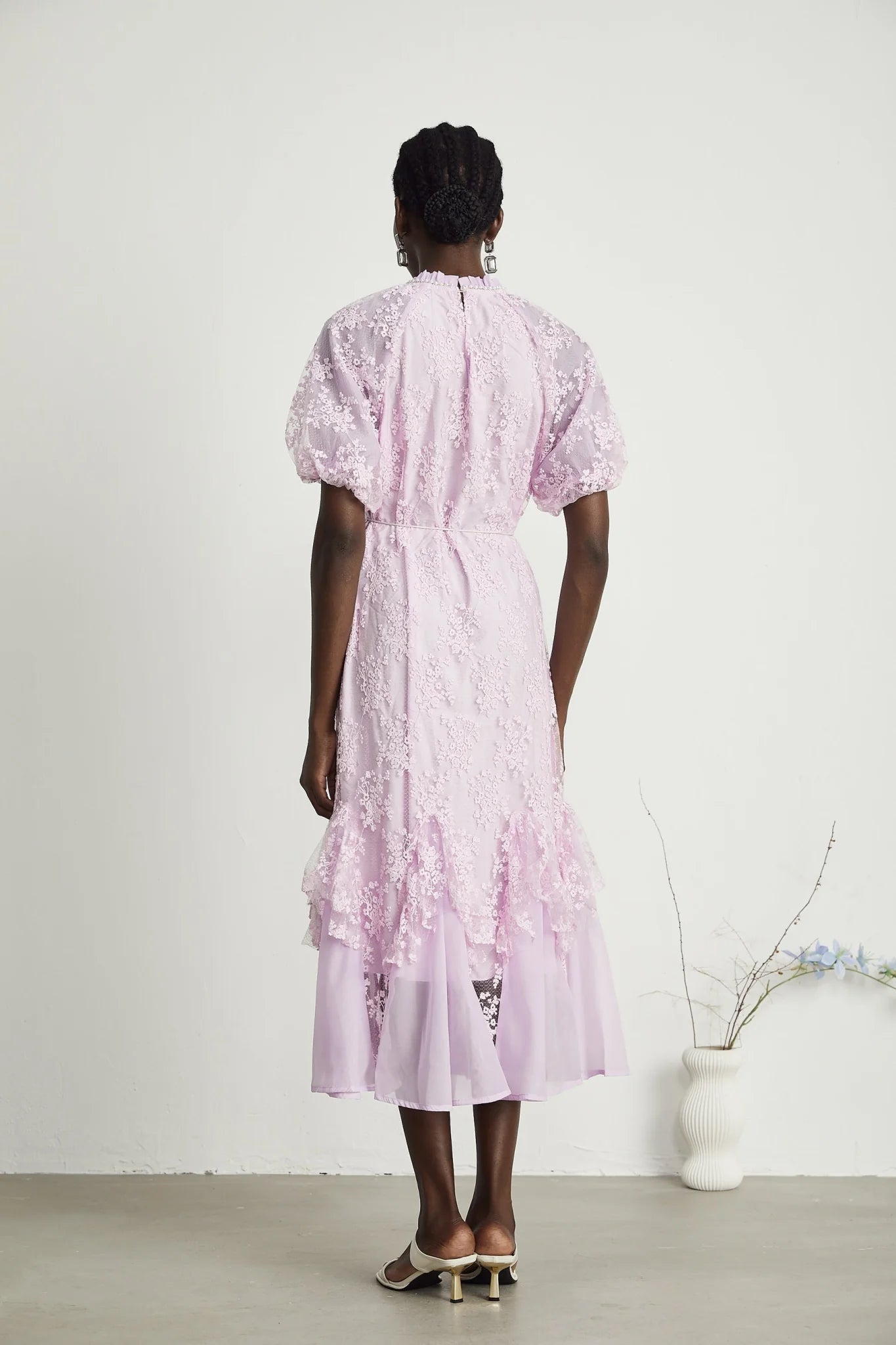 Gemma Floral Midi Dress - With Classic Round Neck - Detailed Floral Embroidery - Removable Waist Belt - Rear Button Fastening