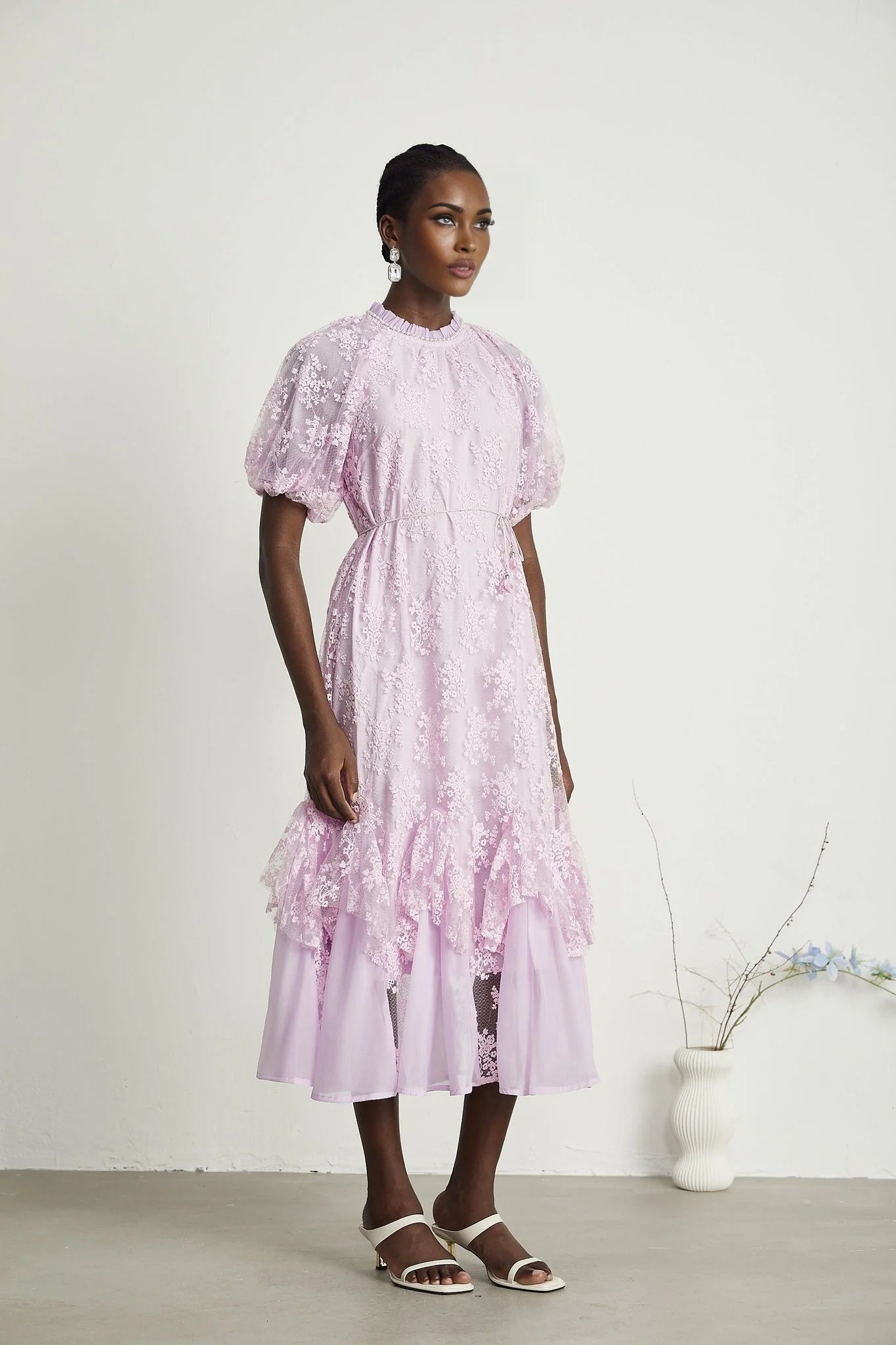 Gemma Floral Midi Dress - With Classic Round Neck - Detailed Floral Embroidery - Removable Waist Belt - Rear Button Fastening