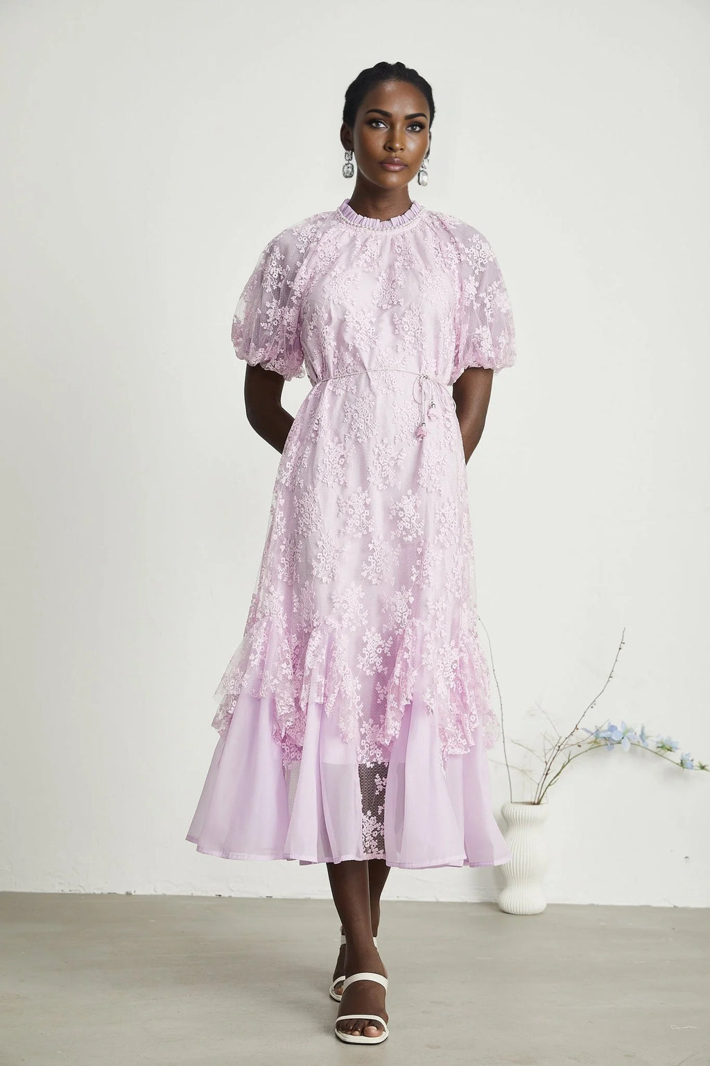Gemma Floral Midi Dress - With Classic Round Neck - Detailed Floral Embroidery - Removable Waist Belt - Rear Button Fastening