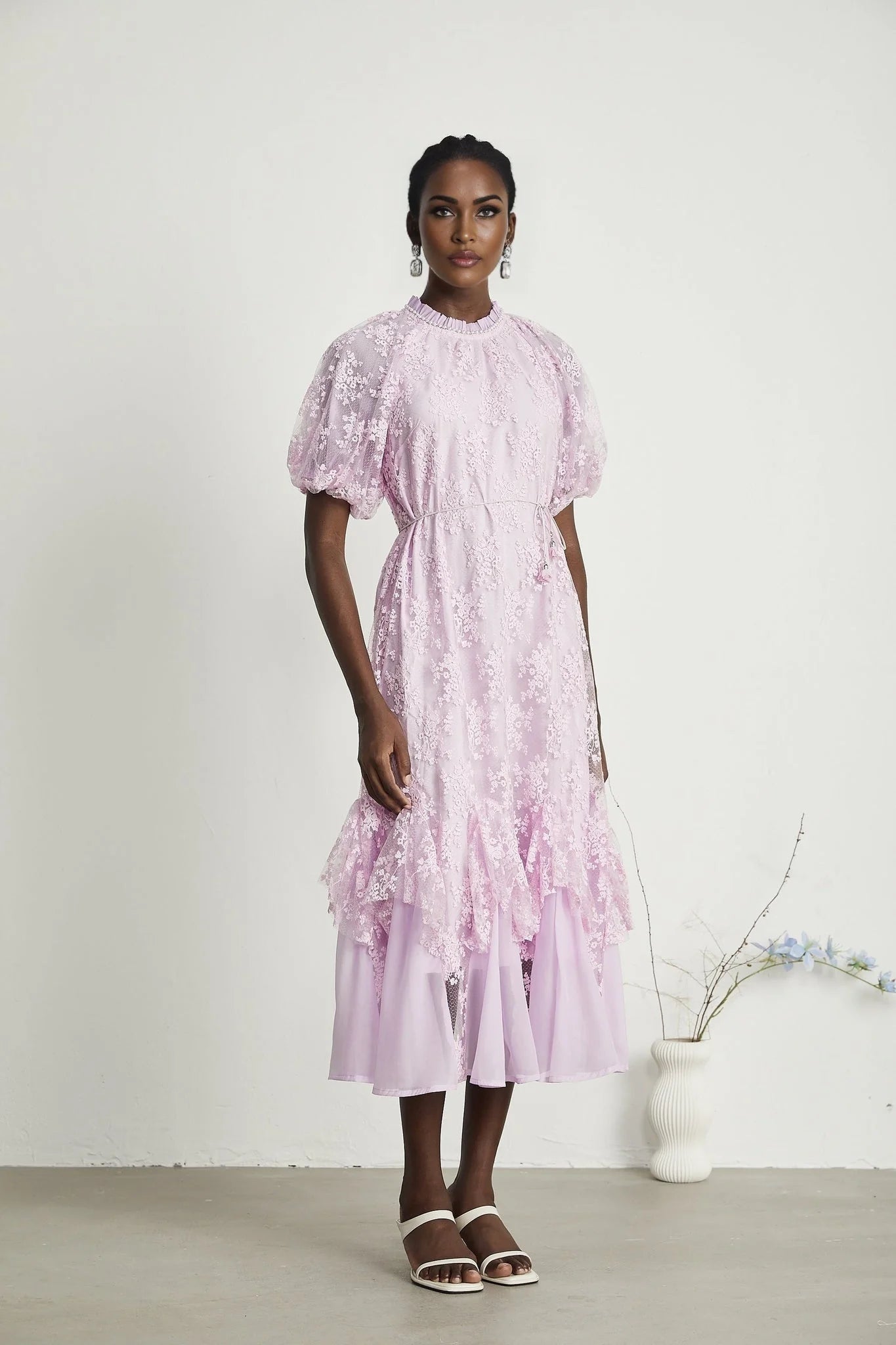 Gemma Floral Midi Dress - With Classic Round Neck - Detailed Floral Embroidery - Removable Waist Belt - Rear Button Fastening