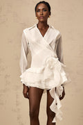 Gemma Mini Dress - Lapel Detailing - Tiered Design - Ruffled Trim - Faux - Flower Embellishment - Ribbon Accents