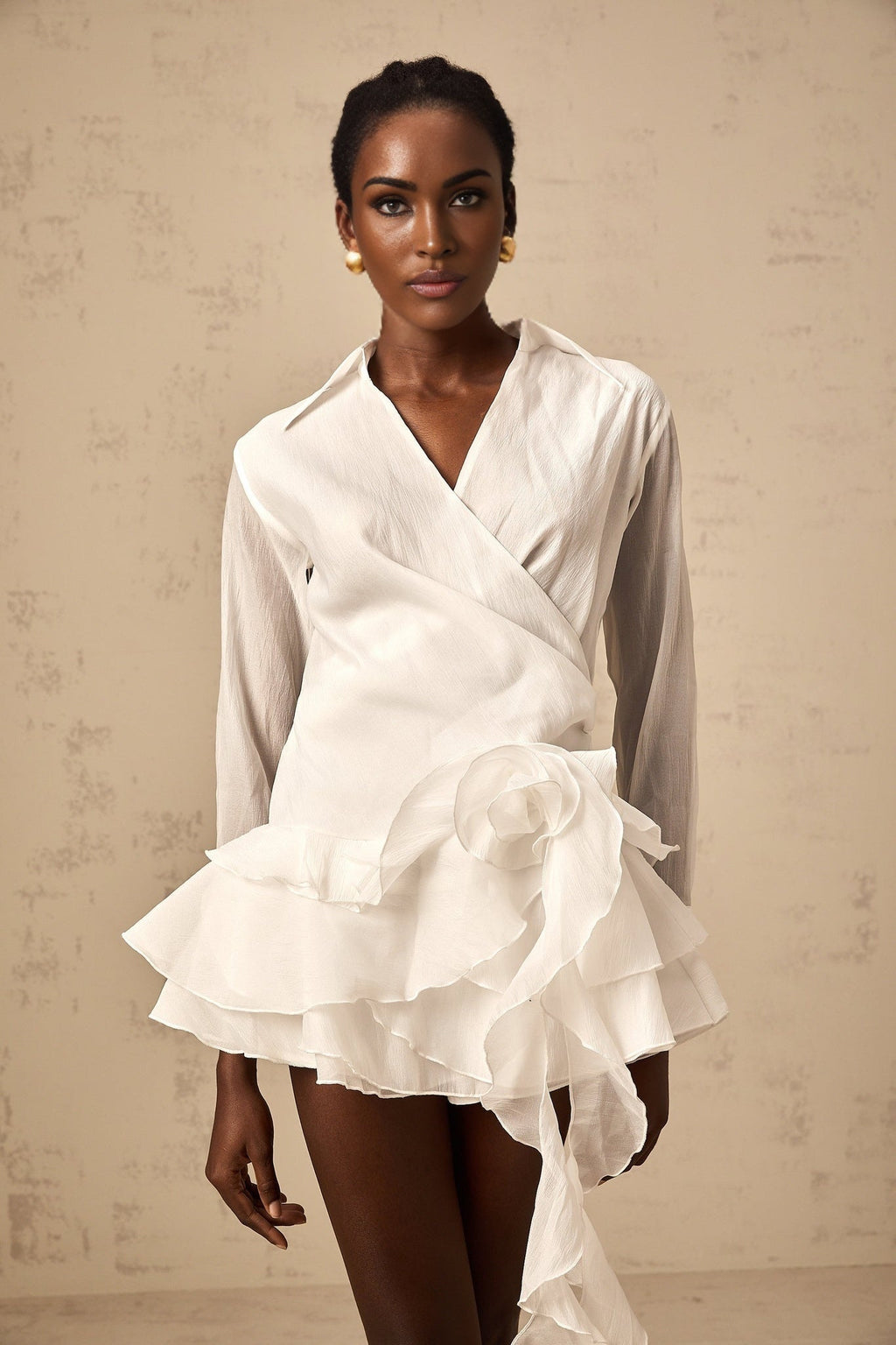 Gemma Mini Dress - Lapel Detailing - Tiered Design - Ruffled Trim - Faux - Flower Embellishment - Ribbon Accents
