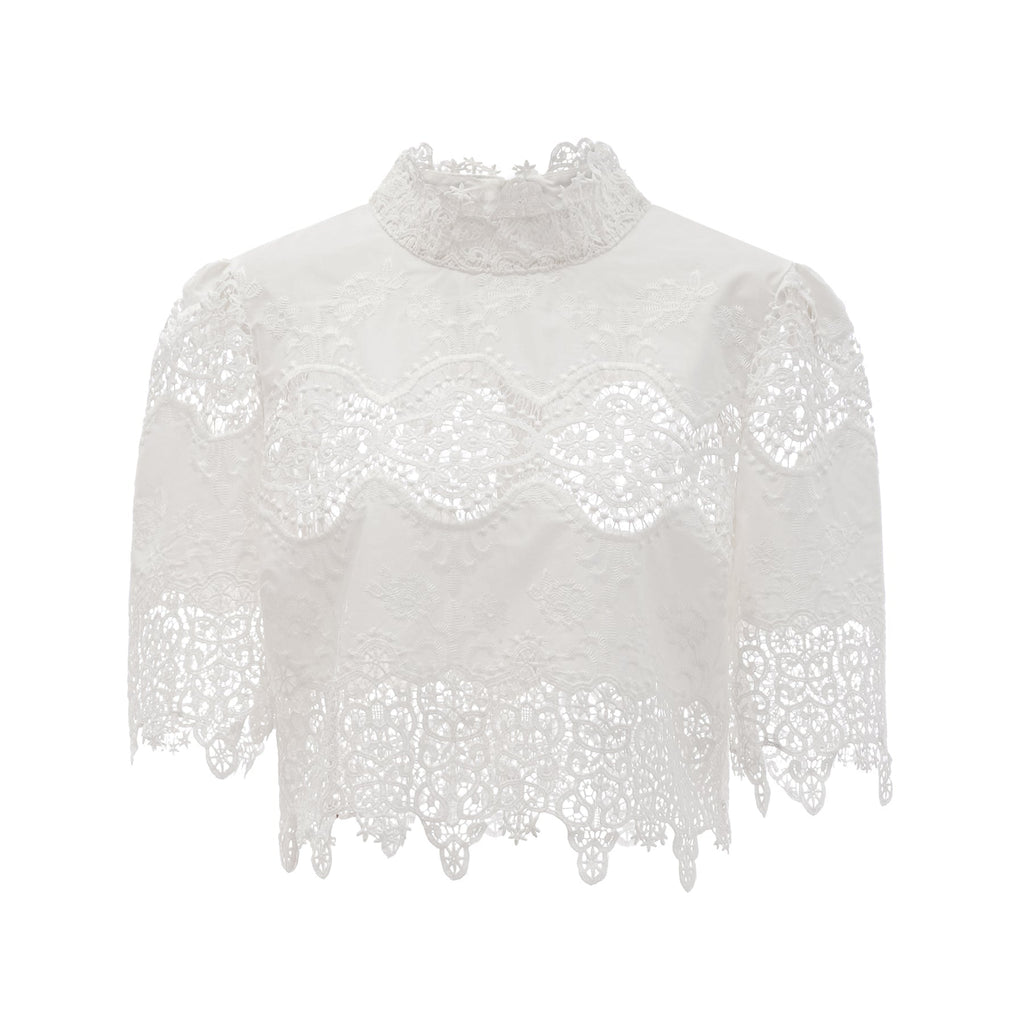 Gemma Top & Trousers - Short Sleeves - Stand - up Collar - Cut - out Design - Wide Leg