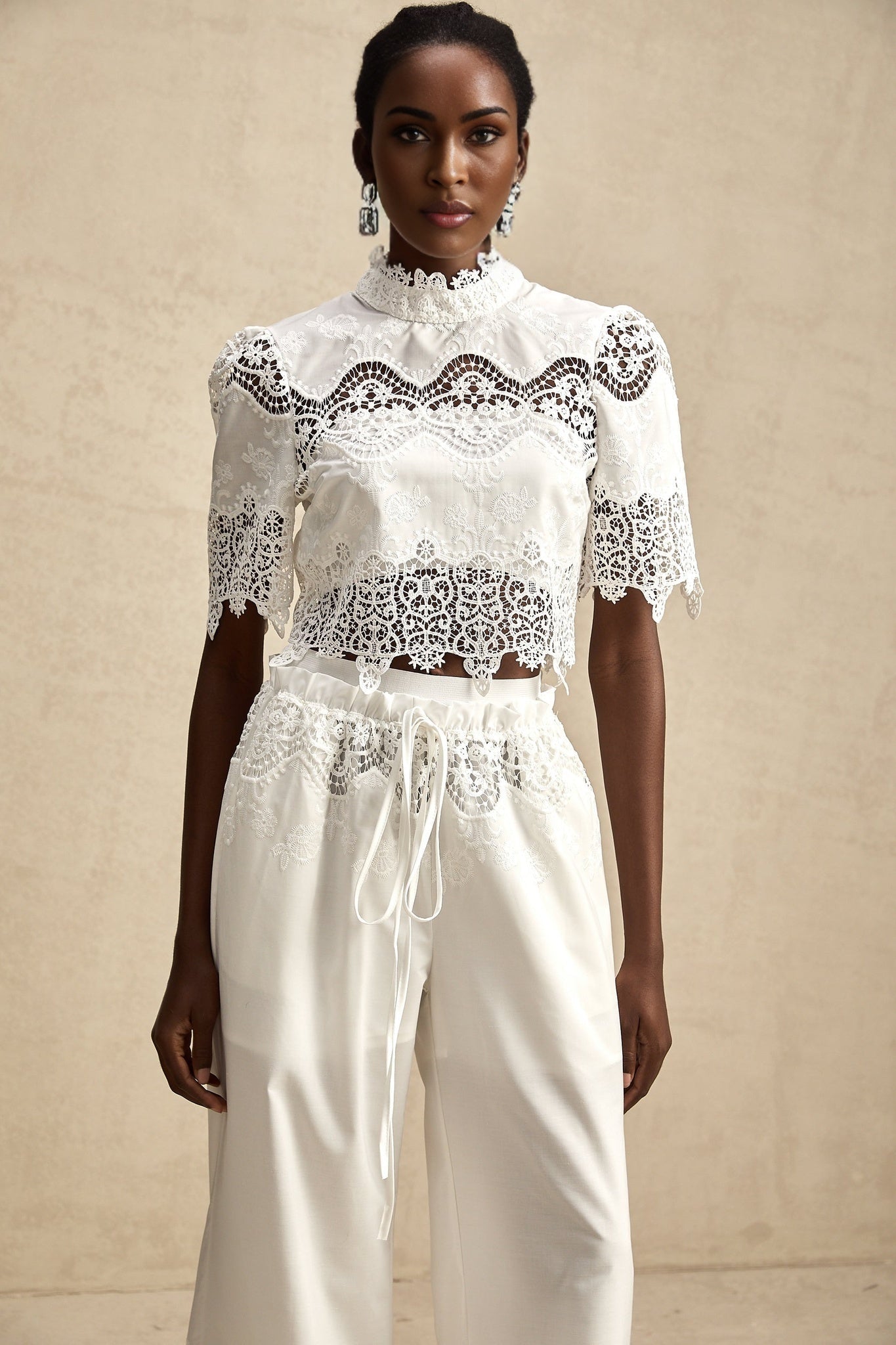 Gemma Top & Trousers - Short Sleeves - Stand - up Collar - Cut - out Design - Wide Leg