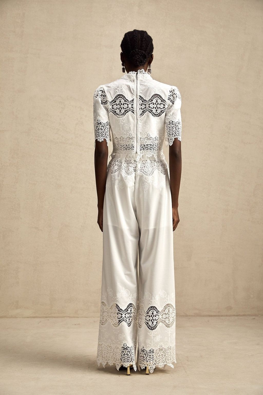 Gemma Top & Trousers - Short Sleeves - Stand - up Collar - Cut - out Design - Wide Leg