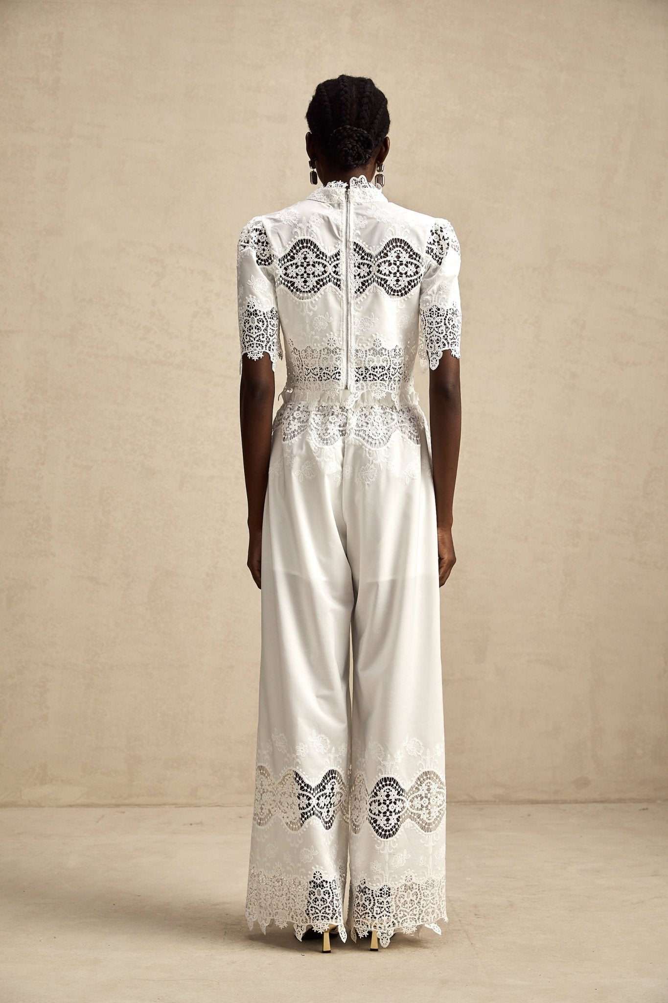 Gemma Top & Trousers - Short Sleeves - Stand - up Collar - Cut - out Design - Wide Leg