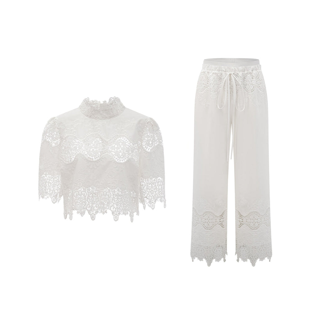 Gemma Top & Trousers - Short Sleeves - Stand - up Collar - Cut - out Design - Wide Leg
