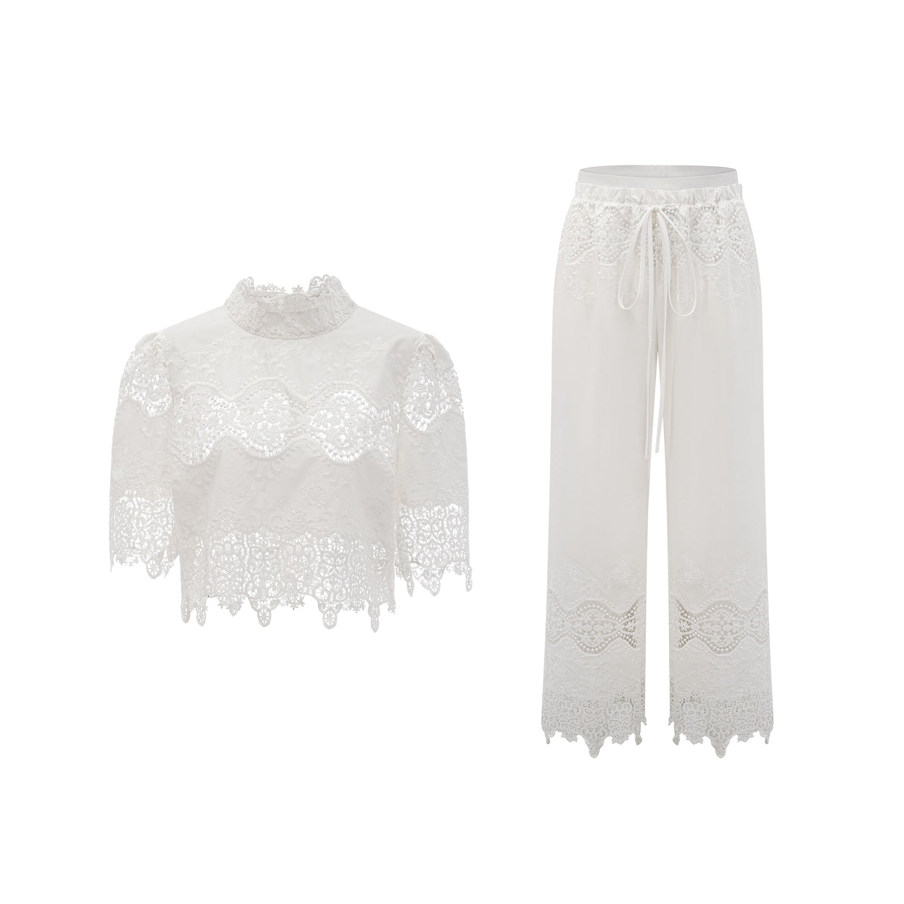Gemma Top & Trousers - Short Sleeves - Stand - up Collar - Cut - out Design - Wide Leg
