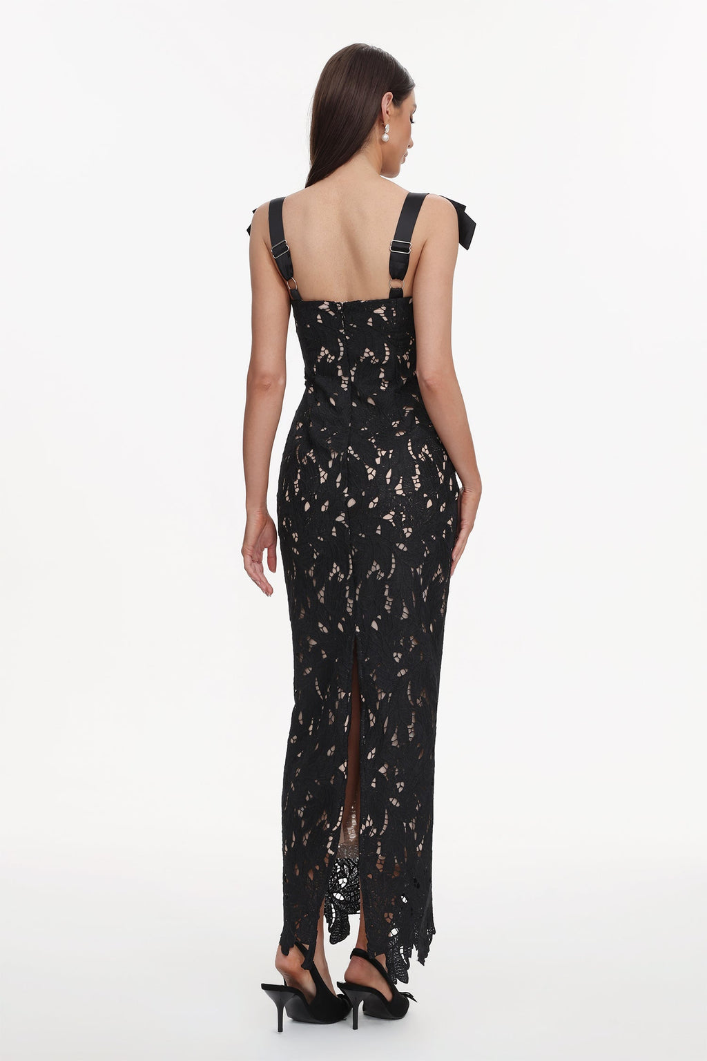 Gemmina Black Lace Maxi Dress with Bows for Women